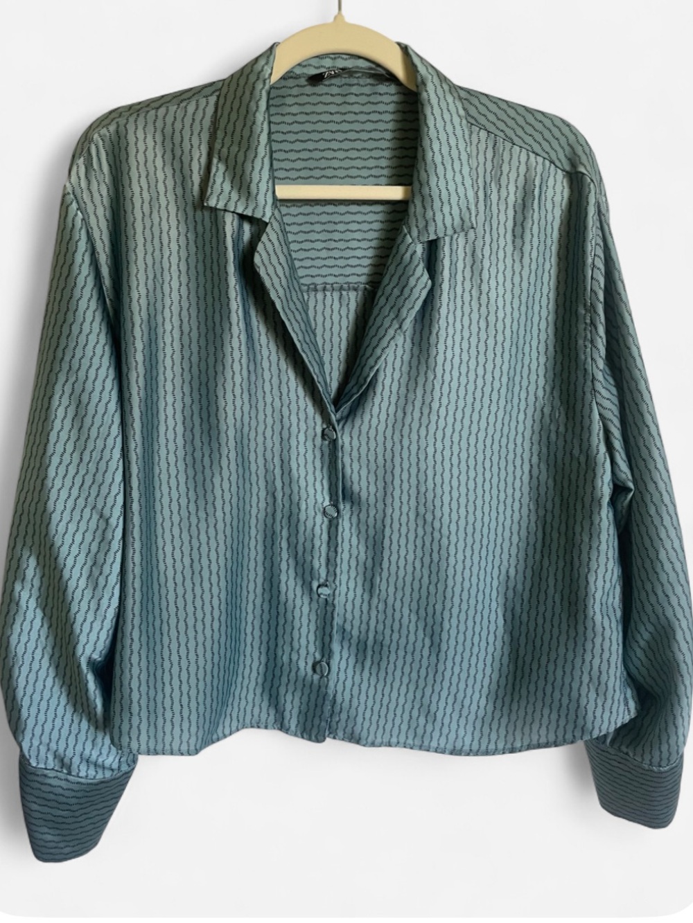 Zara Teal Blue Satin Textured Wavy Pinstripe Blouse M